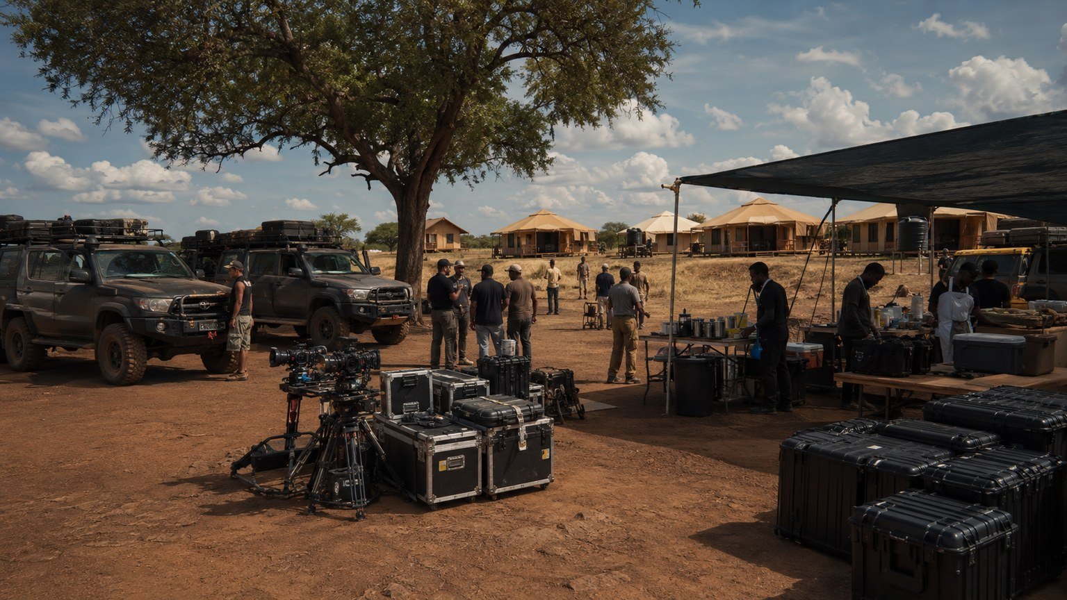 Film equipment, vehicles and crew at a dusty airstrip logistics base
